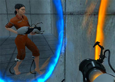 You Play Chell, an Orphan of Bring Your Daughter to Work Day and Equipped with Heel Springs to Survive Falls. This Screenshot was captured by Opening two portals next to each other and looking through
