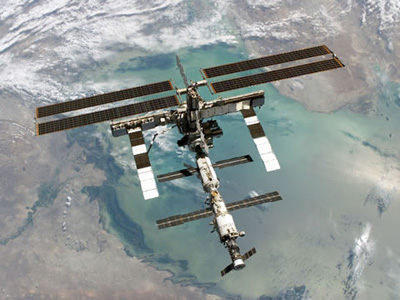 The ISS photographed from shuttle Discovery in 2006
