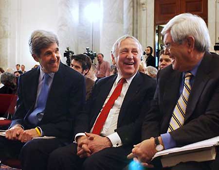 Left to Right: Sen. John Kerry, D-Mass., former Indiana Rep. John Brademas, former House Speaker Newt Gingrich.
